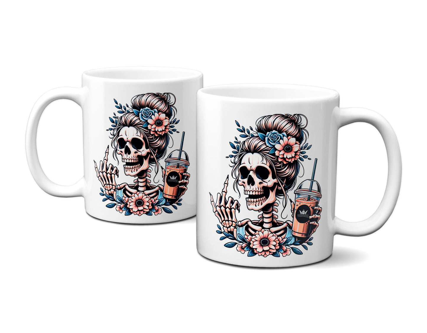 Skull Frau mit Mittelfinger (FuckOff) und Kaffee / Weiß