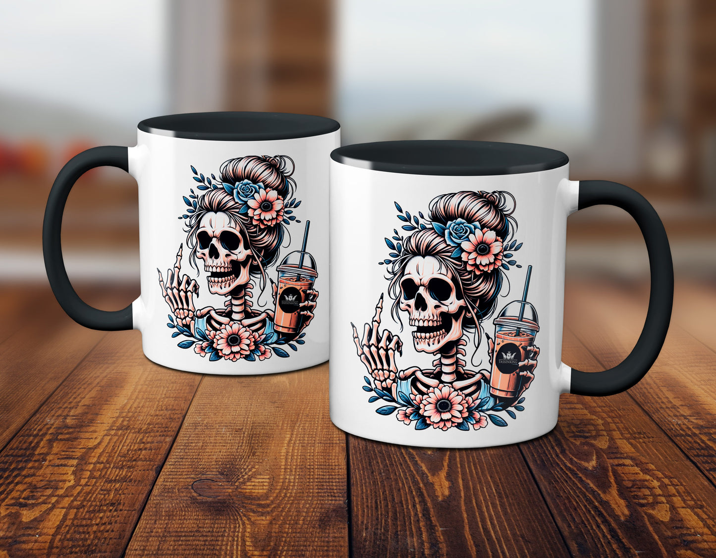 Skull Frau mit Mittelfinger (FuckOff) und Kaffee / Schwarz