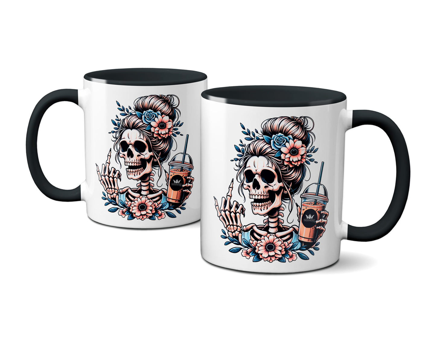Skull Frau mit Mittelfinger (FuckOff) und Kaffee / Schwarz