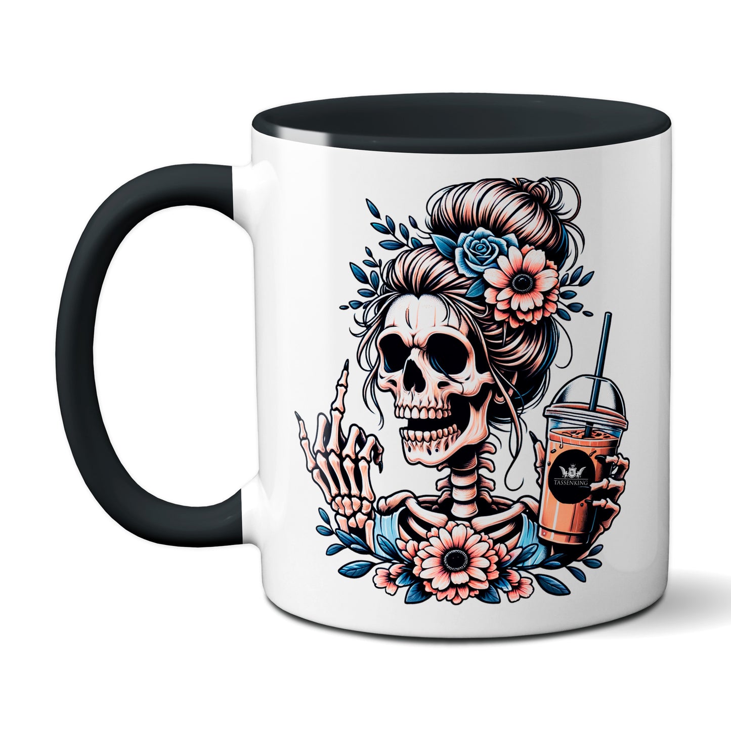 Skull Frau mit Mittelfinger (FuckOff) und Kaffee / Schwarz