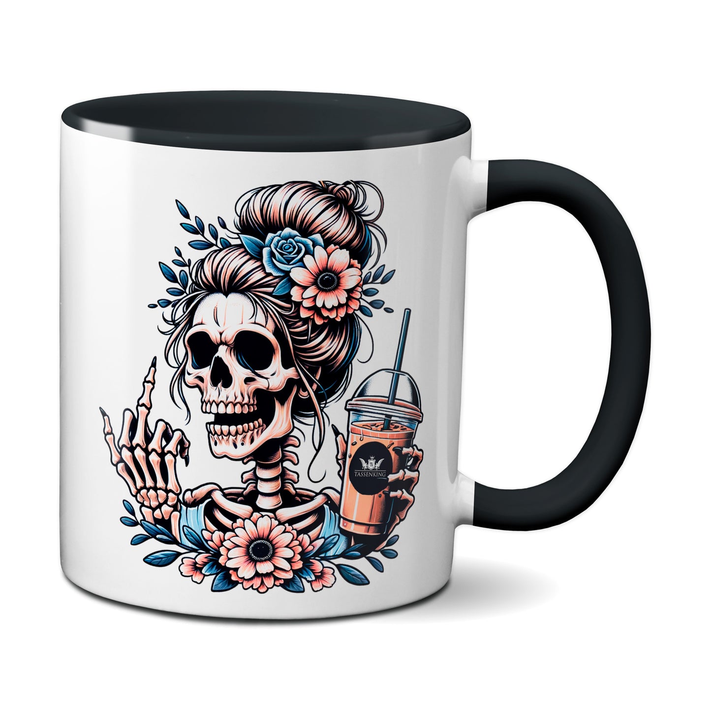 Skull Frau mit Mittelfinger (FuckOff) und Kaffee / Schwarz