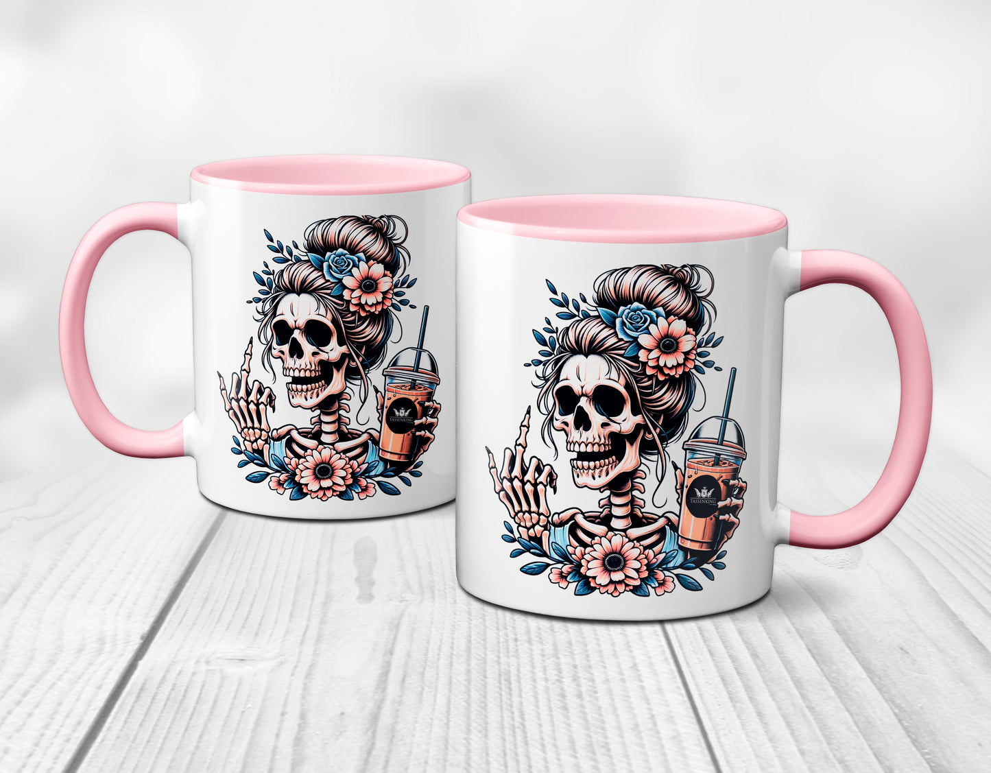 Skull Frau mit Mittelfinger (FuckOff) und Kaffee / Rosa