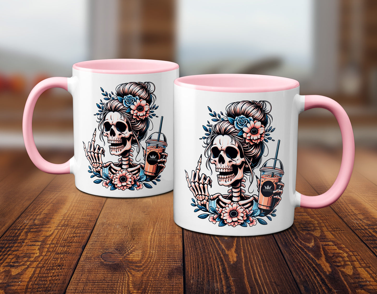 Skull Frau mit Mittelfinger (FuckOff) und Kaffee / Rosa