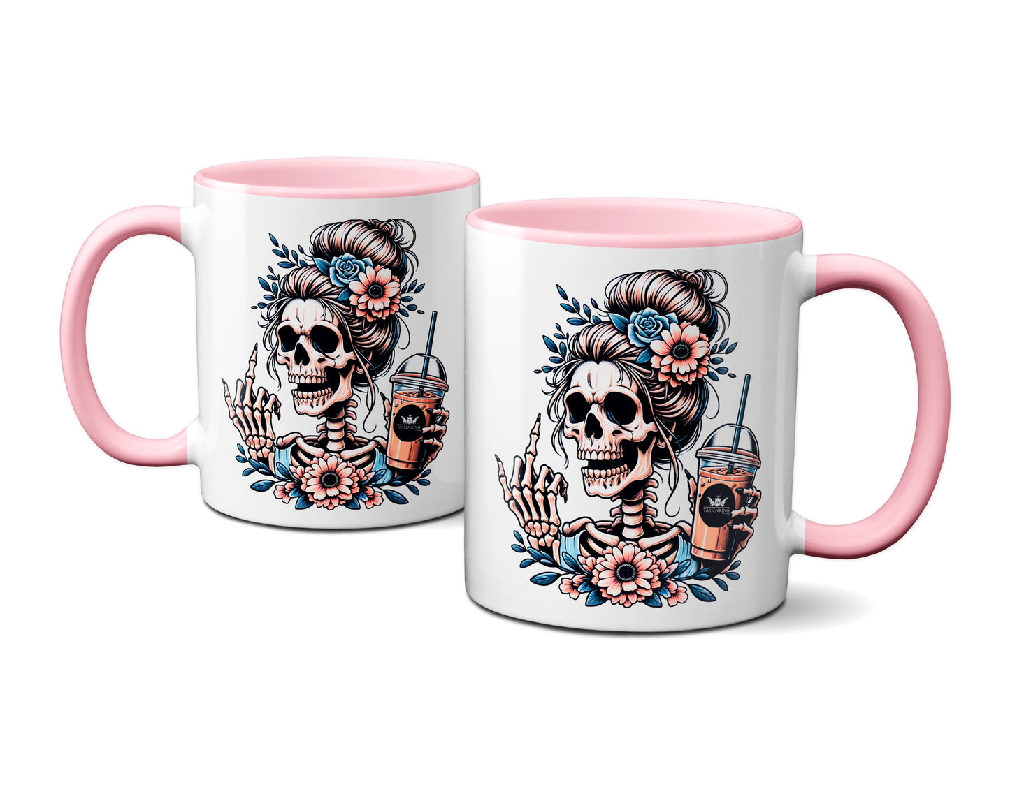 Skull Frau mit Mittelfinger (FuckOff) und Kaffee / Rosa
