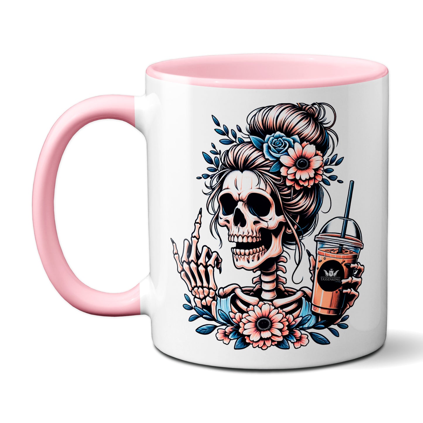 Skull Frau mit Mittelfinger (FuckOff) und Kaffee / Rosa