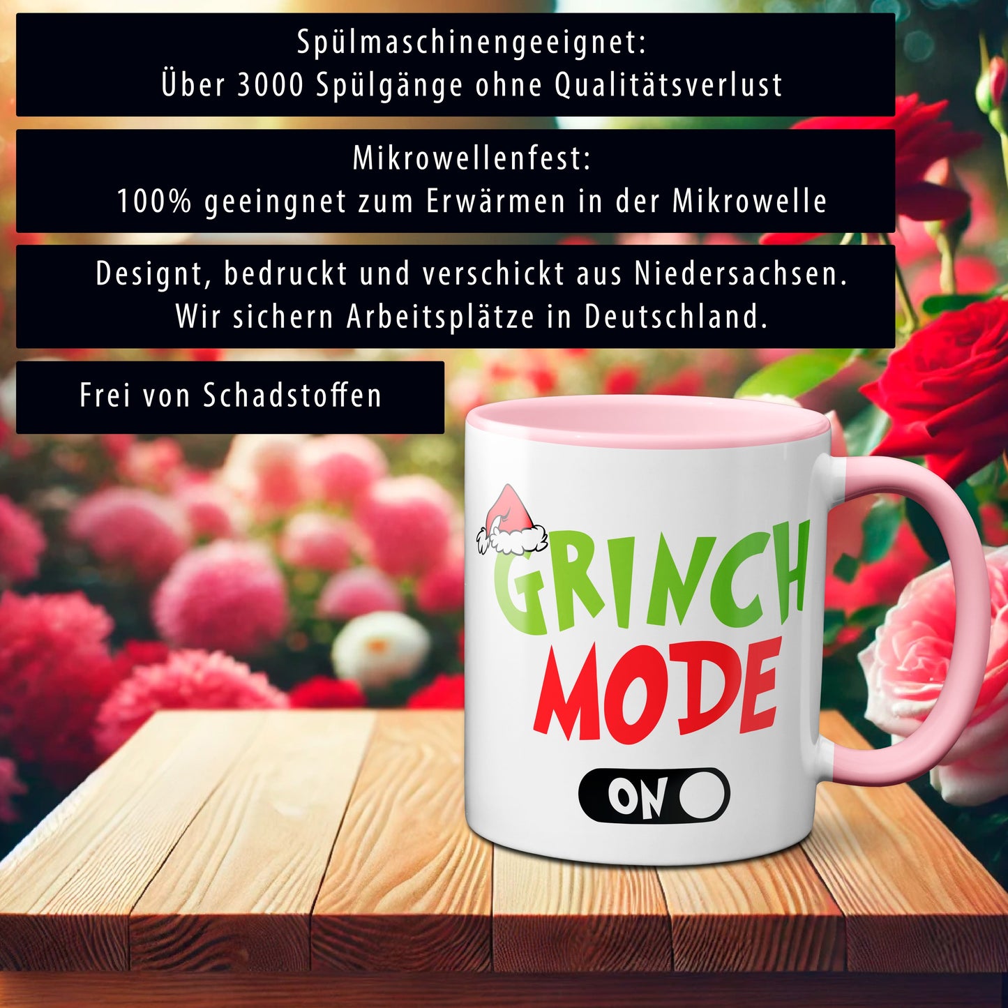 Weihnachten "Grinch Mode On" - lustig - Tasse - Kaffeebecher (Rosa)