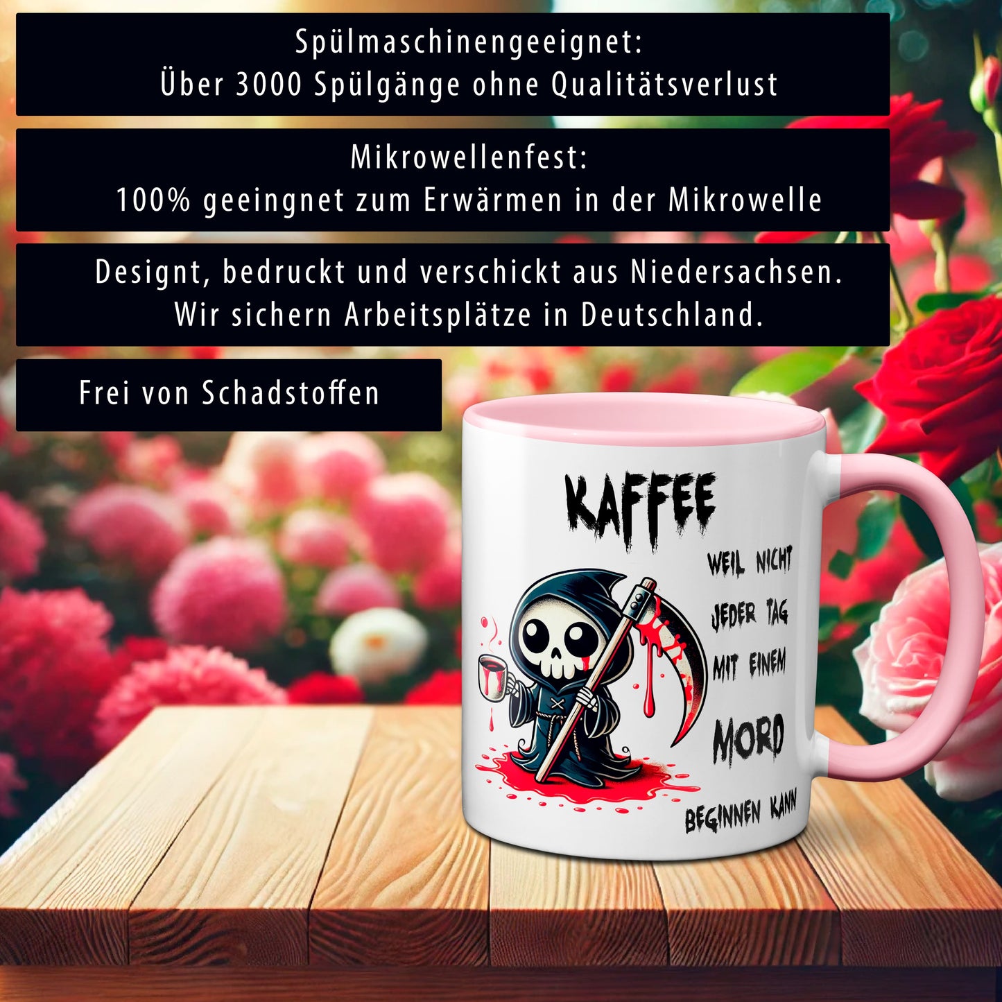 Kaffee, weil nicht jeder Tag mit einem Mord beginnen kann - Tasse - Kaffeebecher (rosa)