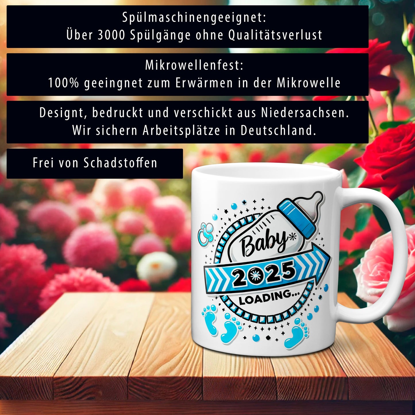 Baby Loading 2025 - Motiv blau - weiße Tasse (Boy, Junge)