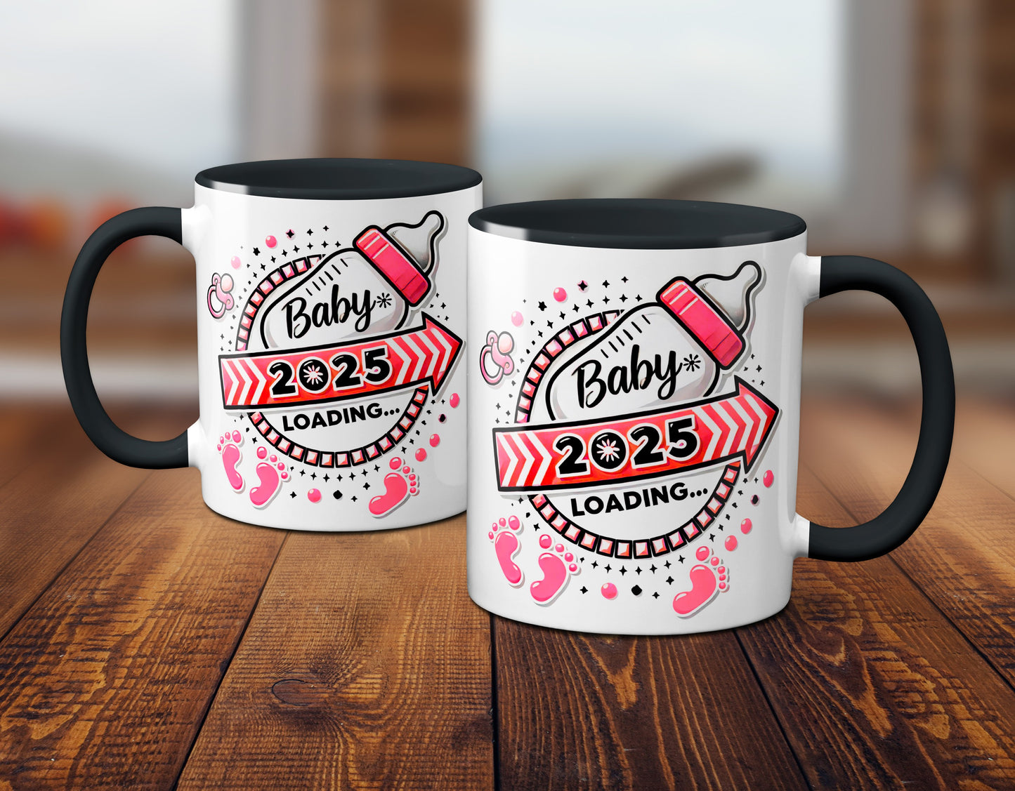 Baby Loading 2025 - Motiv rot - schwarze Tasse (Girl, Mädchen)