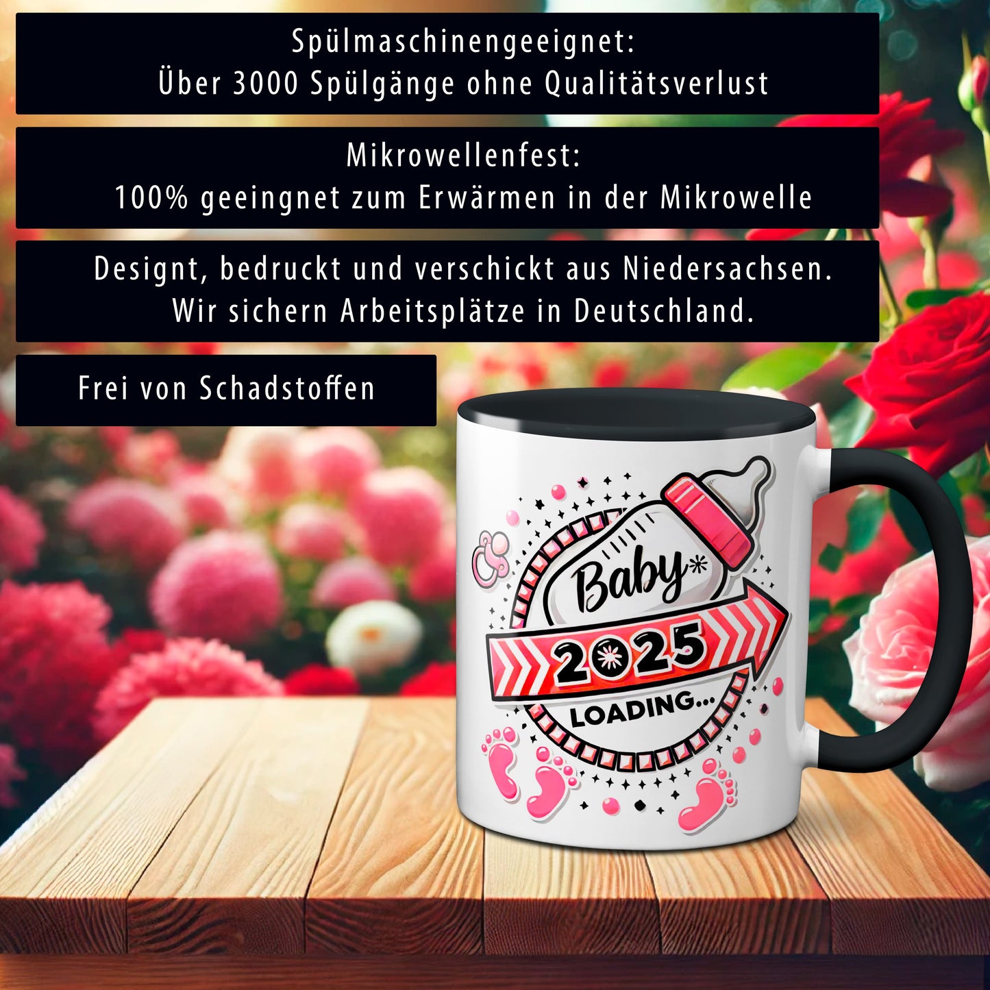 Baby Loading 2025 - Motiv rot - schwarze Tasse (Girl, Mädchen)