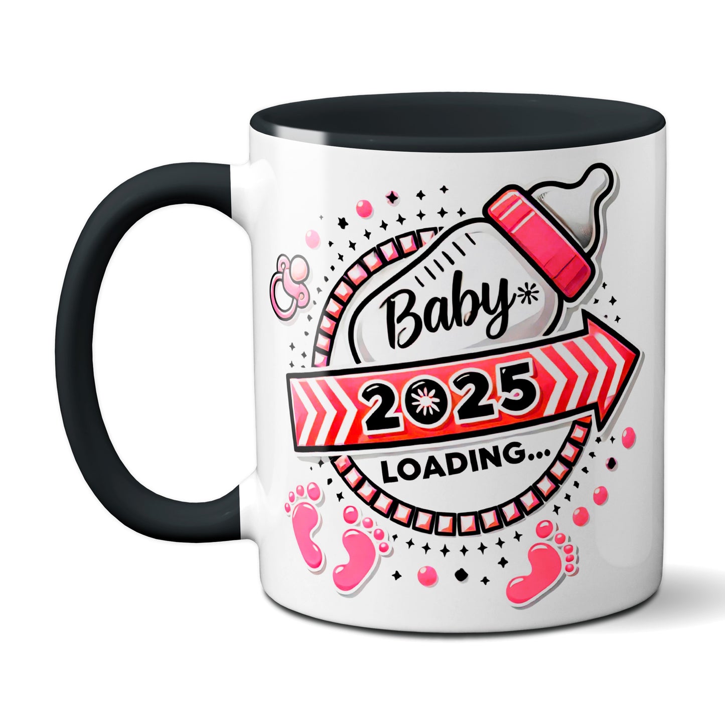 Baby Loading 2025 - Motiv rot - schwarze Tasse (Girl, Mädchen)