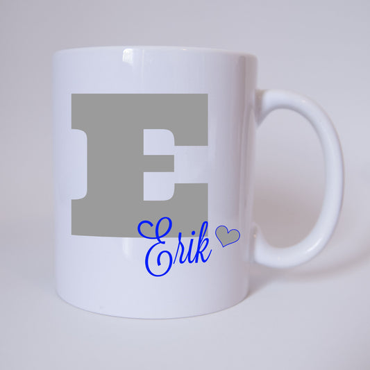 Individuelle Namenstasse Buchstabe E (Grau/Blau)