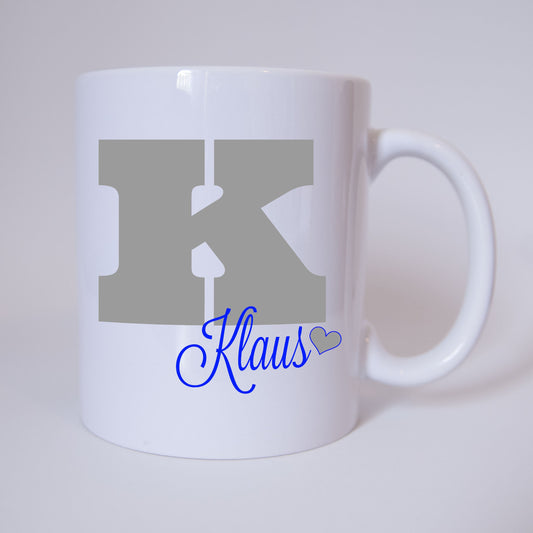 Individuelle Namenstasse Buchstabe K (Grau/Blau)