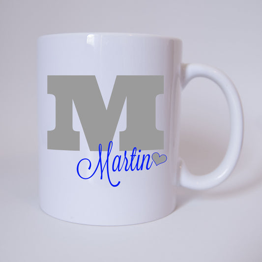 Individuelle Namenstasse Buchstabe M (Grau/Blau)