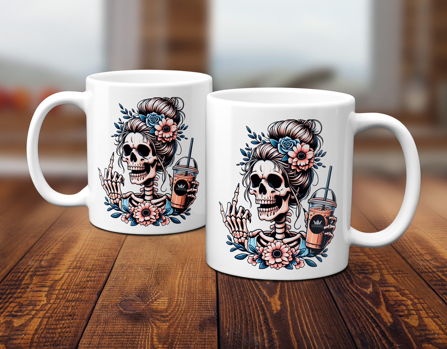 Skull Frau mit Mittelfinger (FuckOff) und Kaffee / Weiß