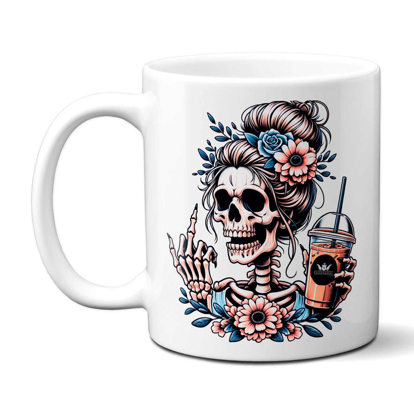 Skull Frau mit Mittelfinger (FuckOff) und Kaffee / Weiß