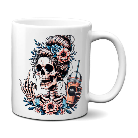 Skull Frau mit Mittelfinger (FuckOff) und Kaffee / Weiß
