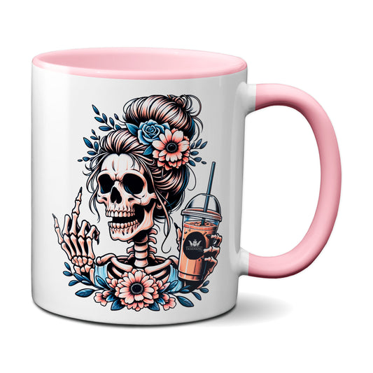 Skull Frau mit Mittelfinger (FuckOff) und Kaffee / Rosa