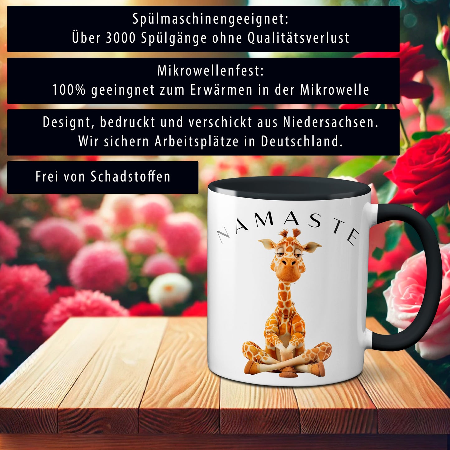 Yoga Giraffe mit entspanntem Blick - Namaste / Schwarz