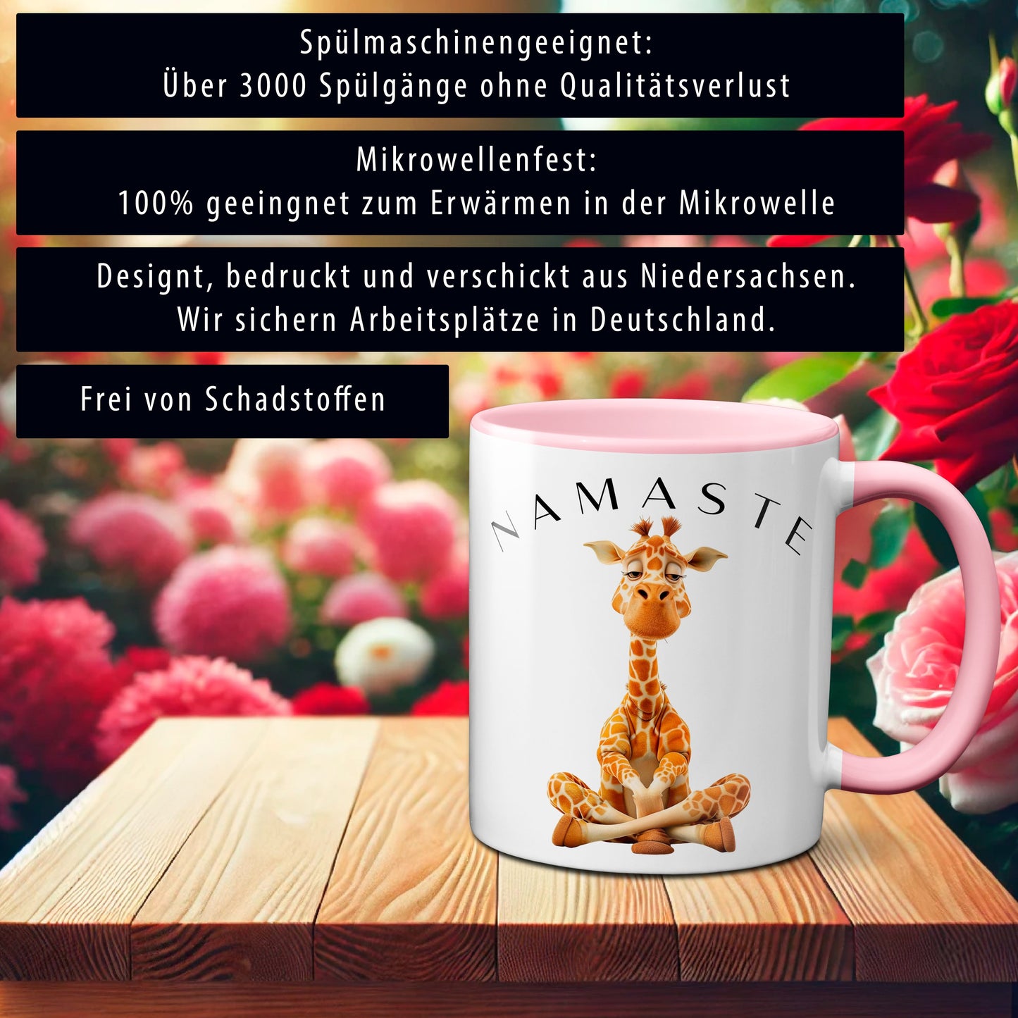 Yoga Giraffe mit entspanntem Blick - Namaste / Rosa