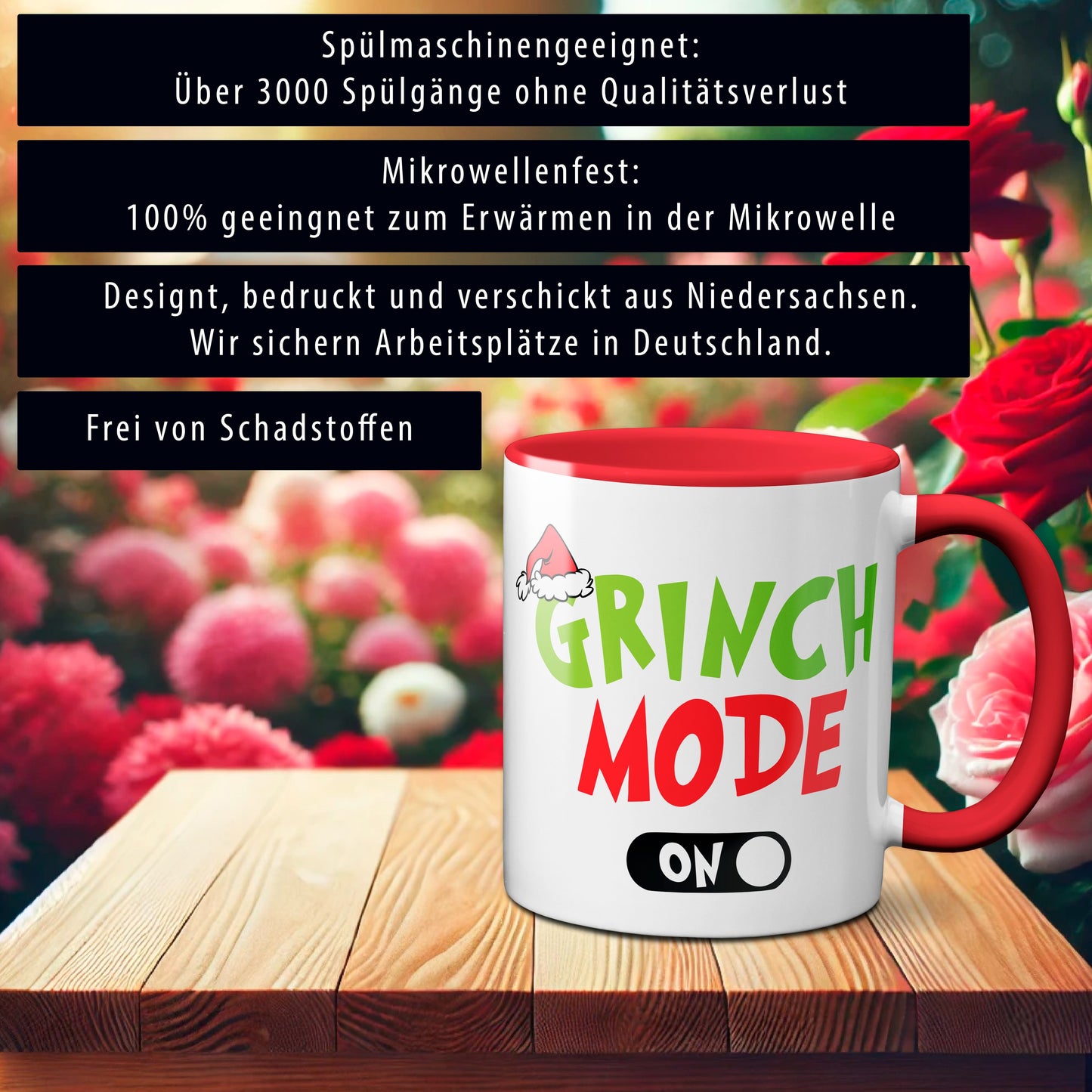 Weihnachten "Grinch Mode On"  - lustig - Tasse - Kaffeebecher (Rot)