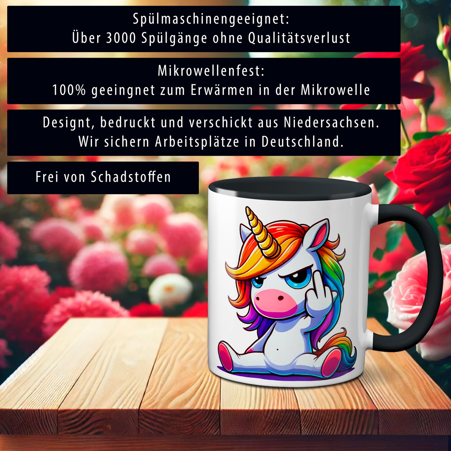 Einhorn mit Mittelfinger - Tasse - Kaffeebecher (Schwarz)