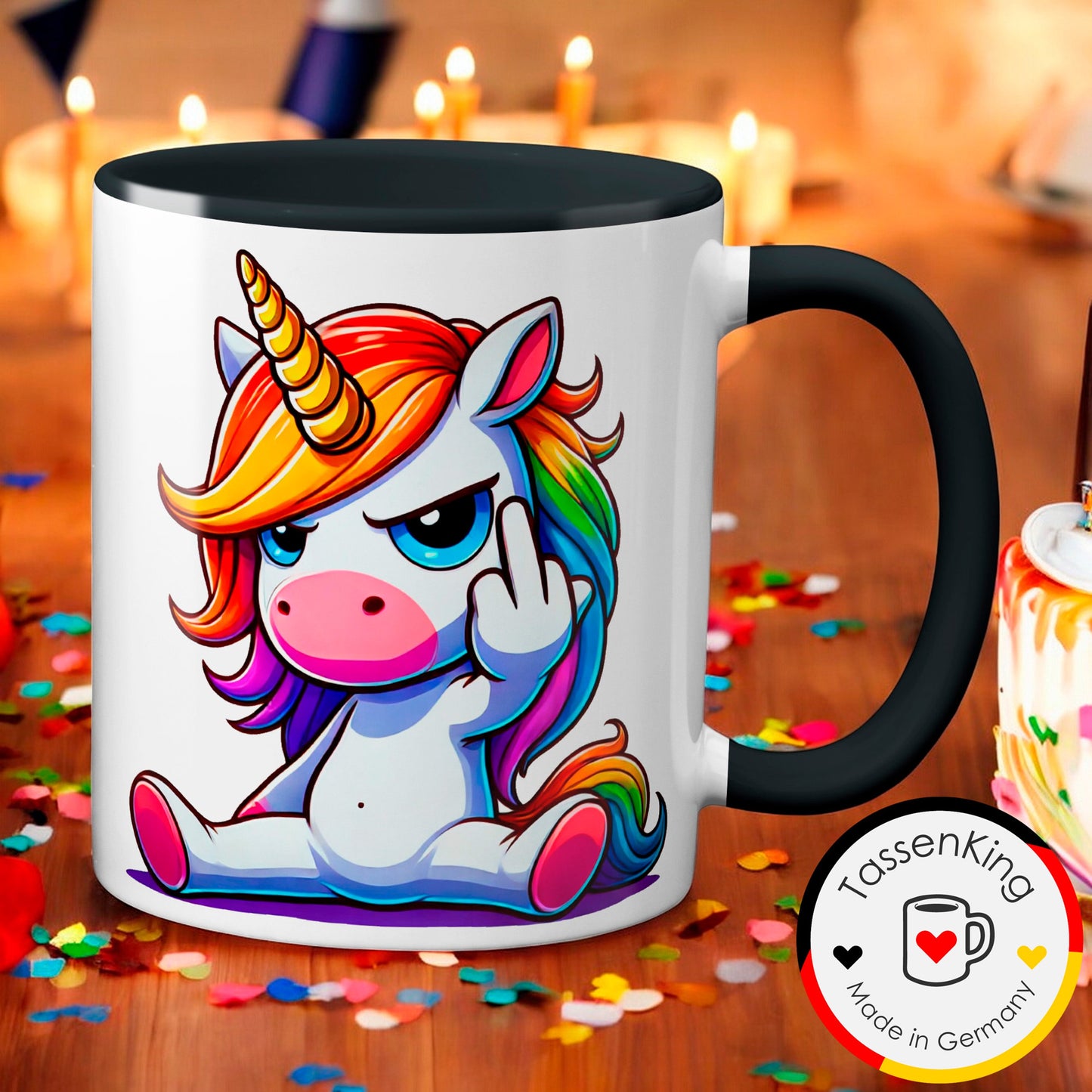 Einhorn mit Mittelfinger - Tasse - Kaffeebecher (Schwarz)