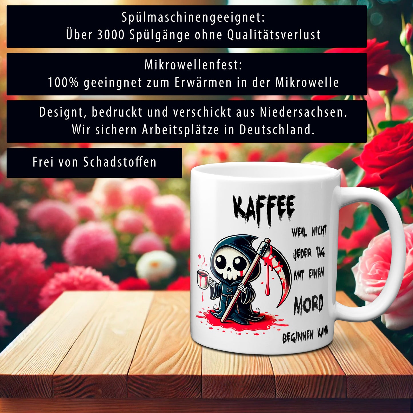 Kaffee, weil nicht jeder Tag mit einem Mord beginnen kann - Tasse - Kaffeebecher (weiß)