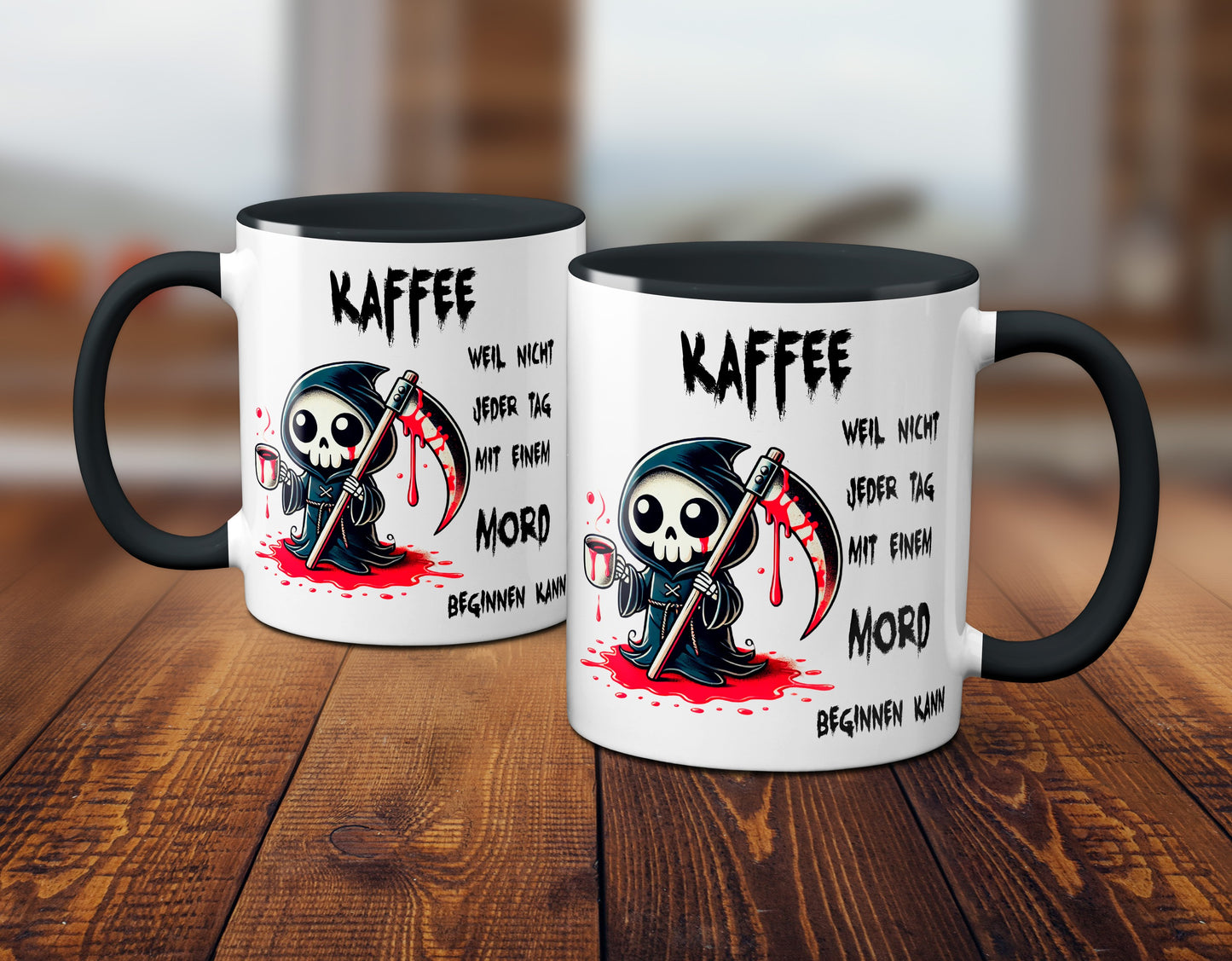 Kaffee, weil nicht jeder Tag mit einem Mord beginnen kann - Tasse - Kaffeebecher (schwarz)
