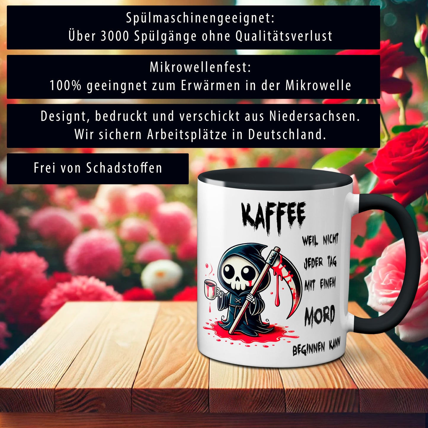 Kaffee, weil nicht jeder Tag mit einem Mord beginnen kann - Tasse - Kaffeebecher (schwarz)