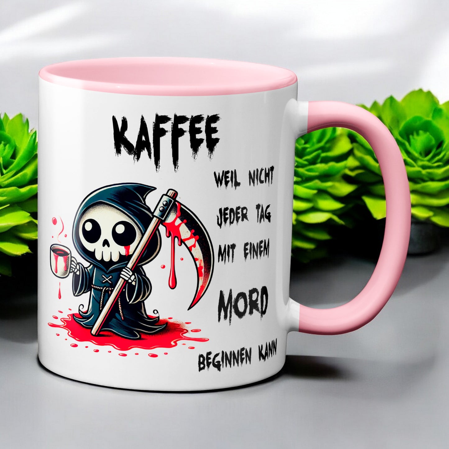Kaffee, weil nicht jeder Tag mit einem Mord beginnen kann - Tasse - Kaffeebecher (rosa)