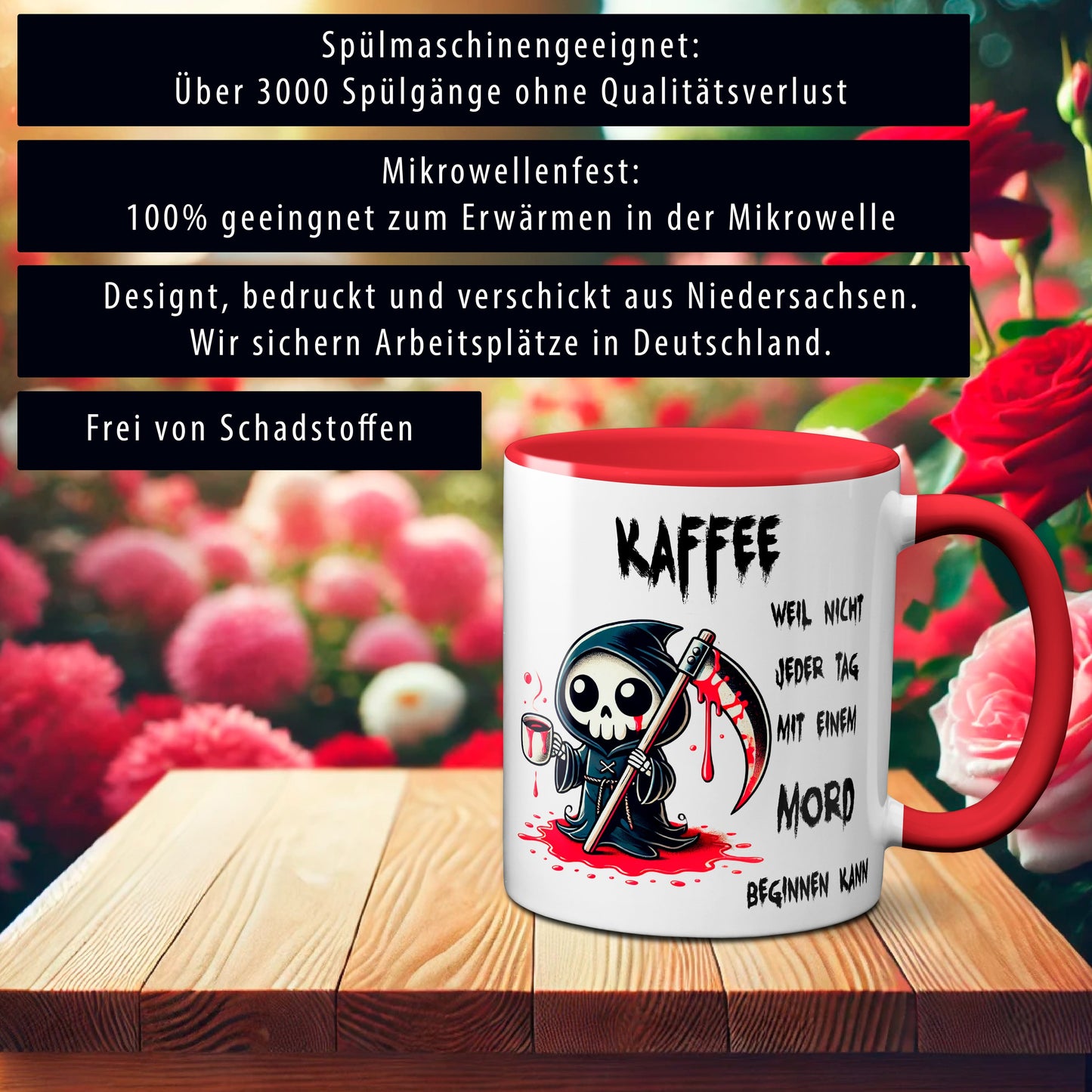 Kaffee, weil nicht jeder Tag mit einem Mord beginnen kann - Tasse - Kaffeebecher (rot)