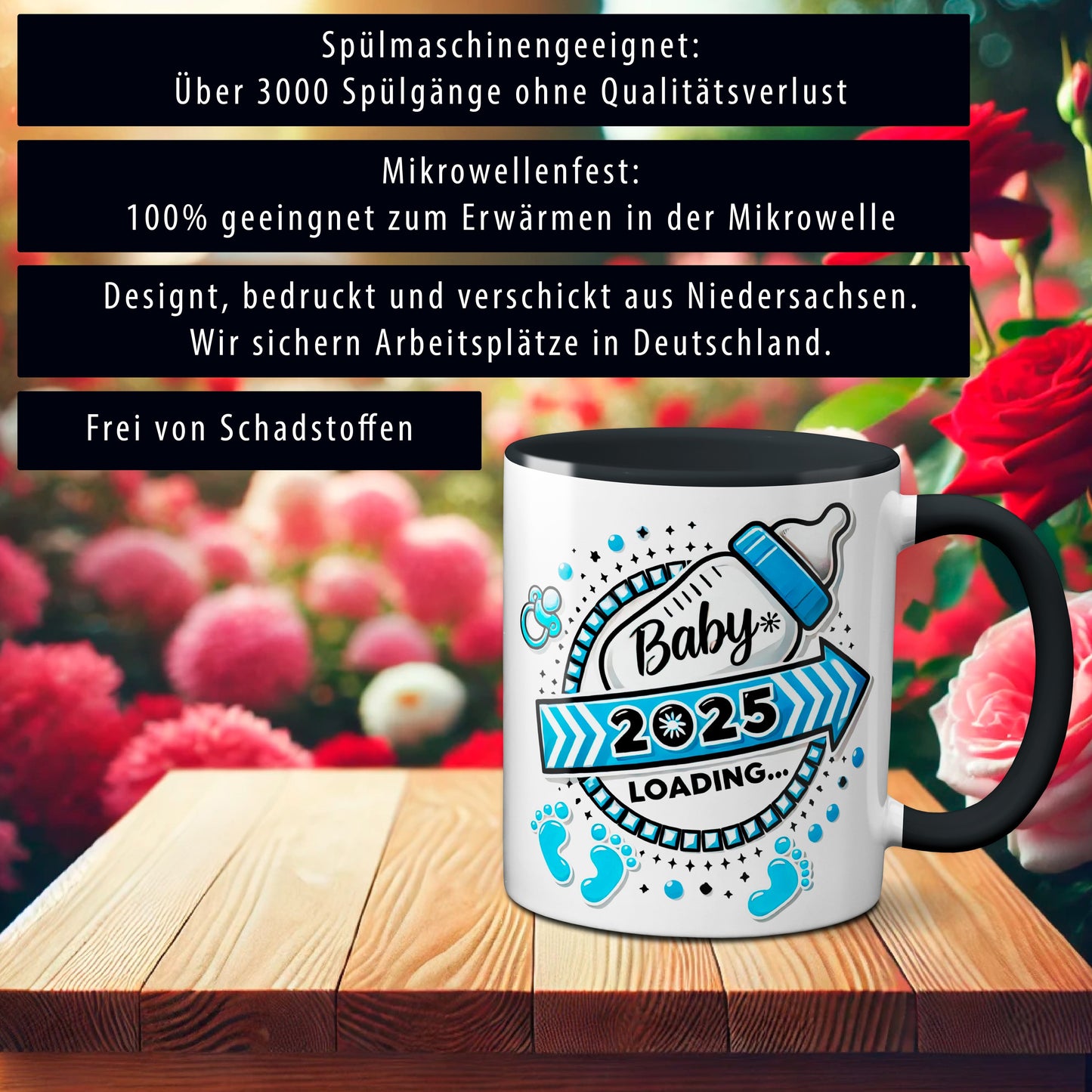 Baby Loading 2025 - Motiv blau - schwarze Tasse (Boy, Junge)