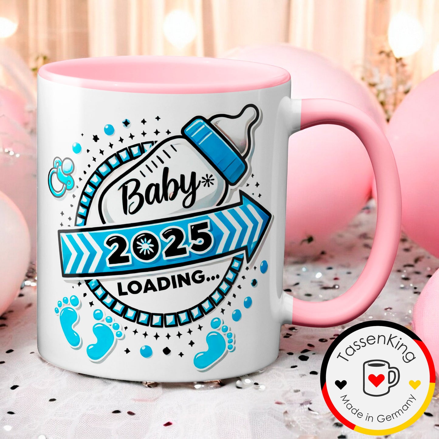 Baby Loading 2025 - Motiv blau - rosa Tasse (Boy, Junge)