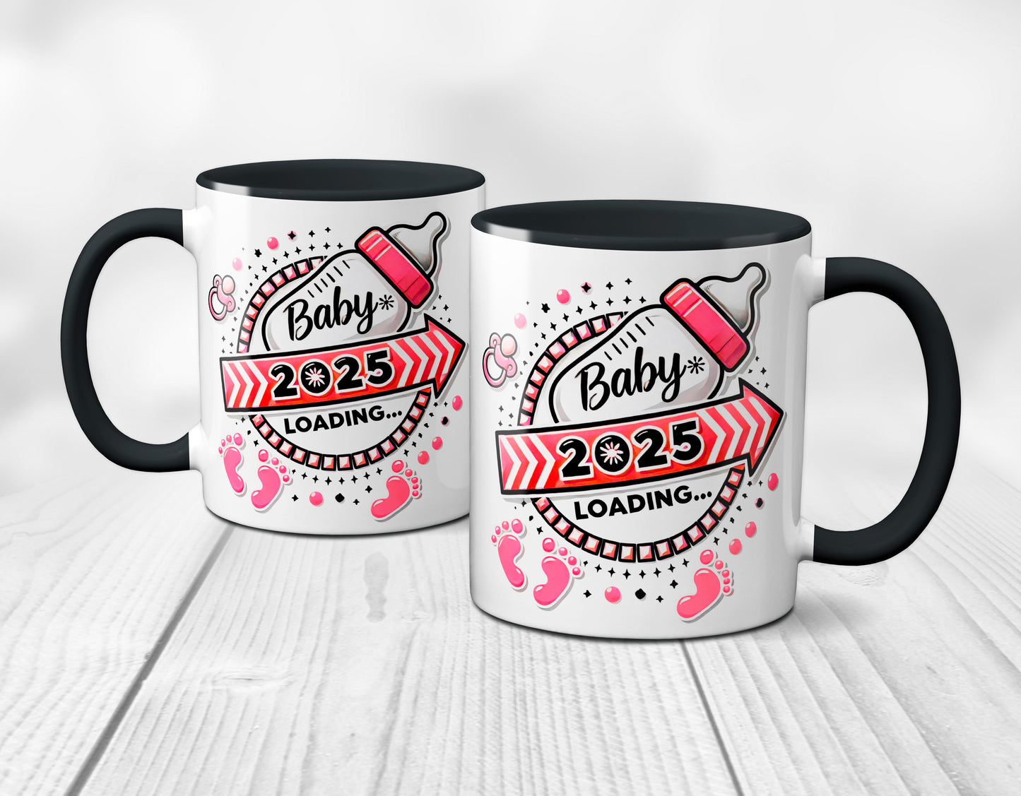 Baby Loading 2025 - Motiv rot - schwarze Tasse (Girl, Mädchen)