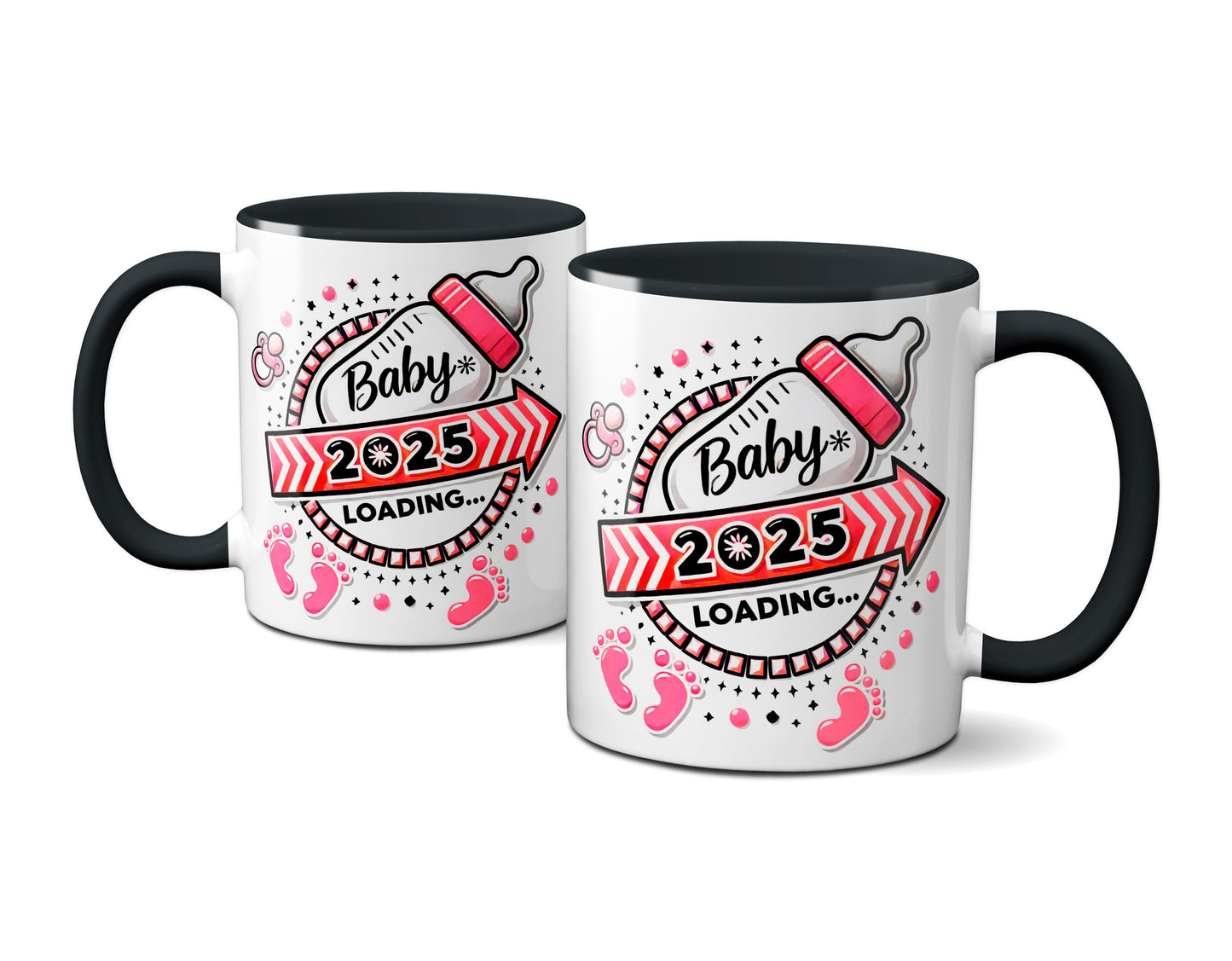 Baby Loading 2025 - Motiv rot - schwarze Tasse (Girl, Mädchen)